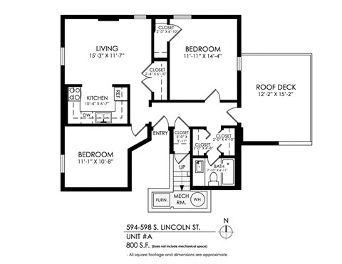 Floor plan for 2 beds, 1 bath, 940 sqft